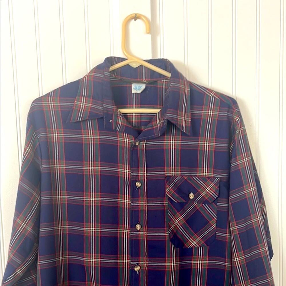 Vintage Casual Plaid Button Down Shirt Oversized Blue Red Green JCPenney Medium